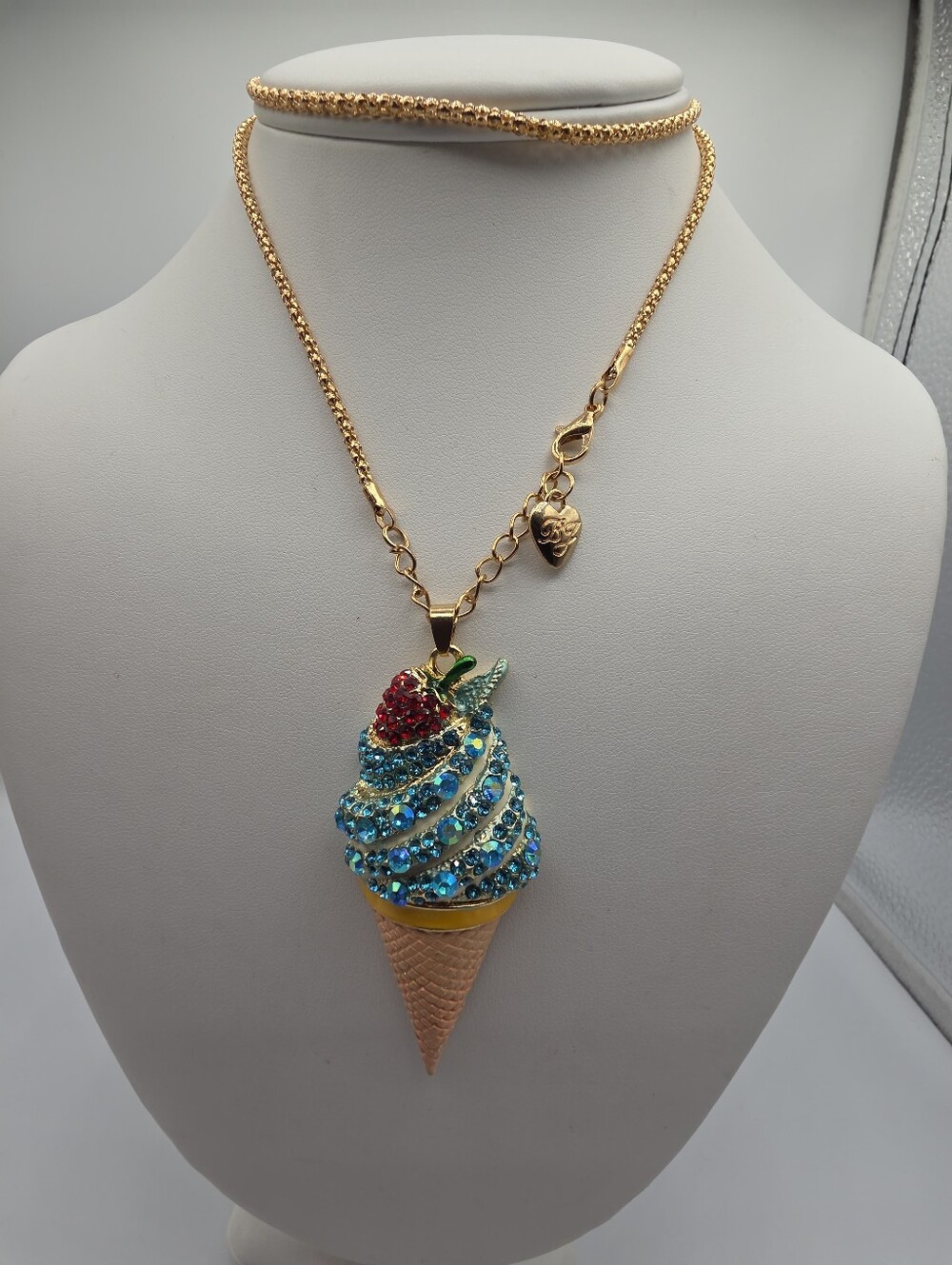 Betsey Johnson Rhinestone Strawberry Ice Cream Cone Necklace